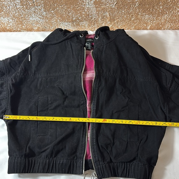 Forever 21 Cropped Jacket Hooded Lined Coat Drawstring Suede Black Size Small - Picture 13 of 16